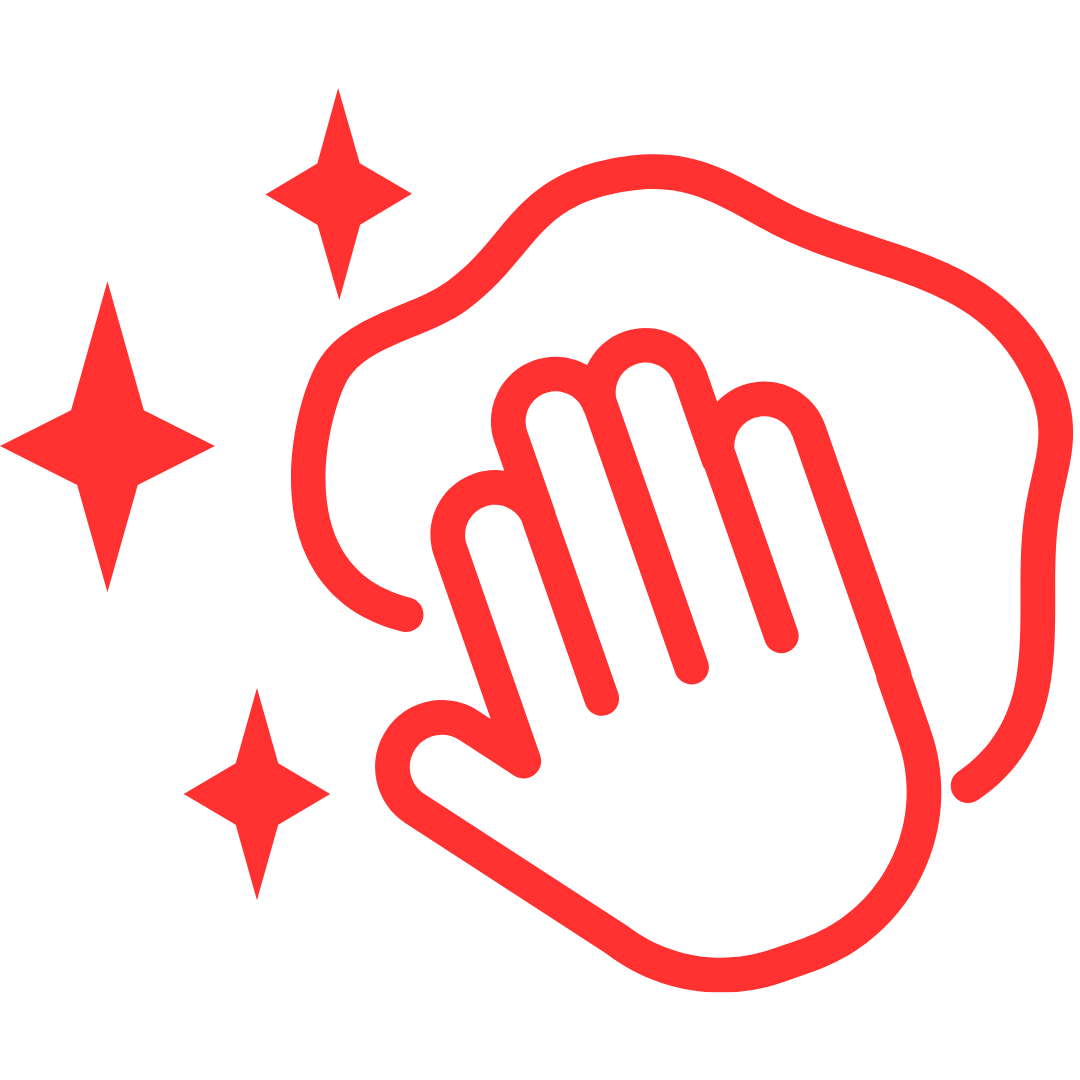 Red outline of a hand with sparkles on a green background.