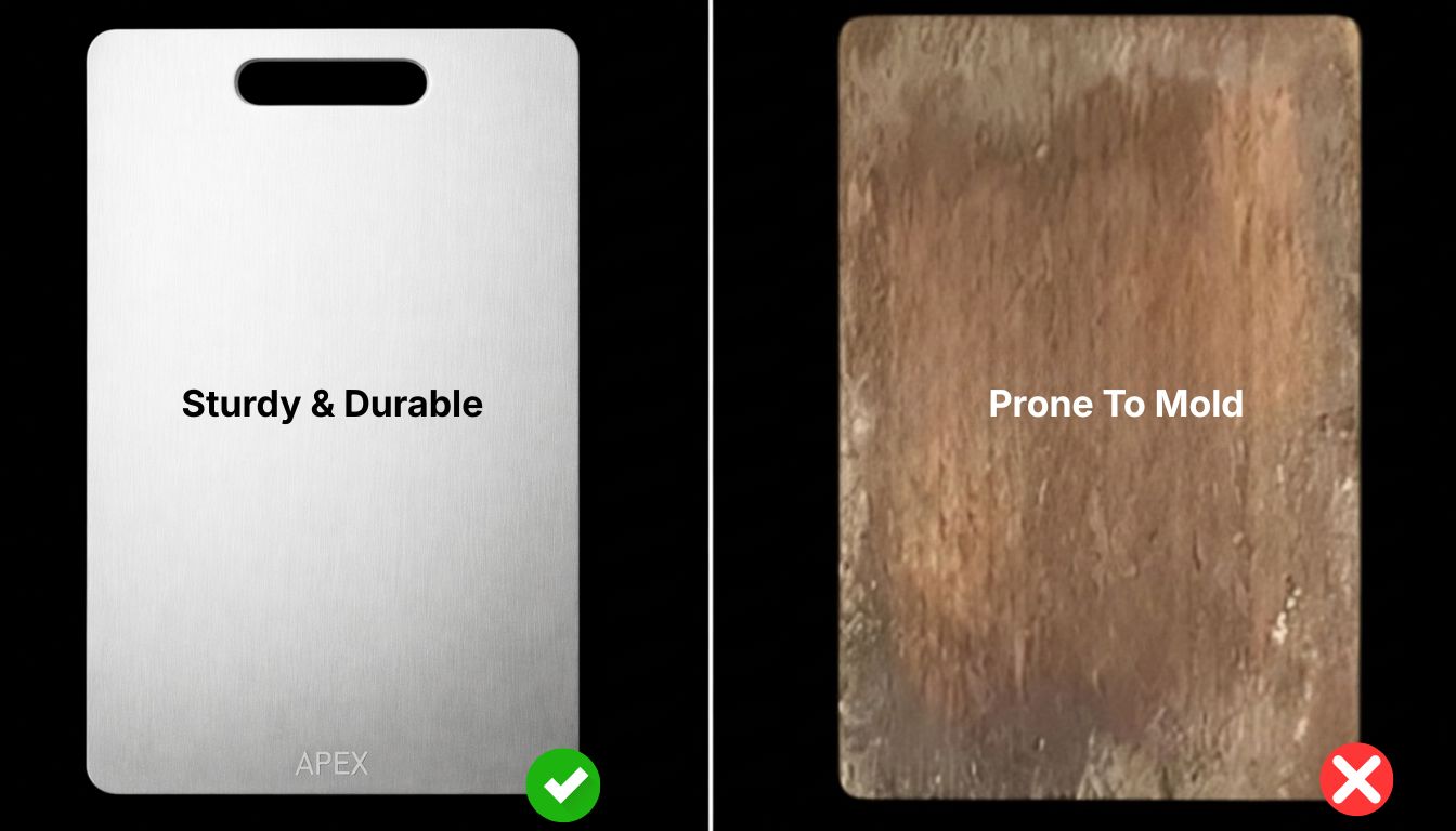 Comparative image of two surfaces: one labeled 'Sturdy & Durable,' the other 'Prone to Mold.'