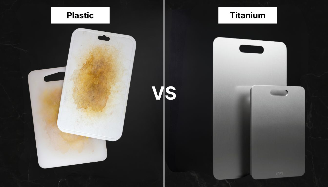 Comparison of stained plastic cutting boards and clean titanium ones.