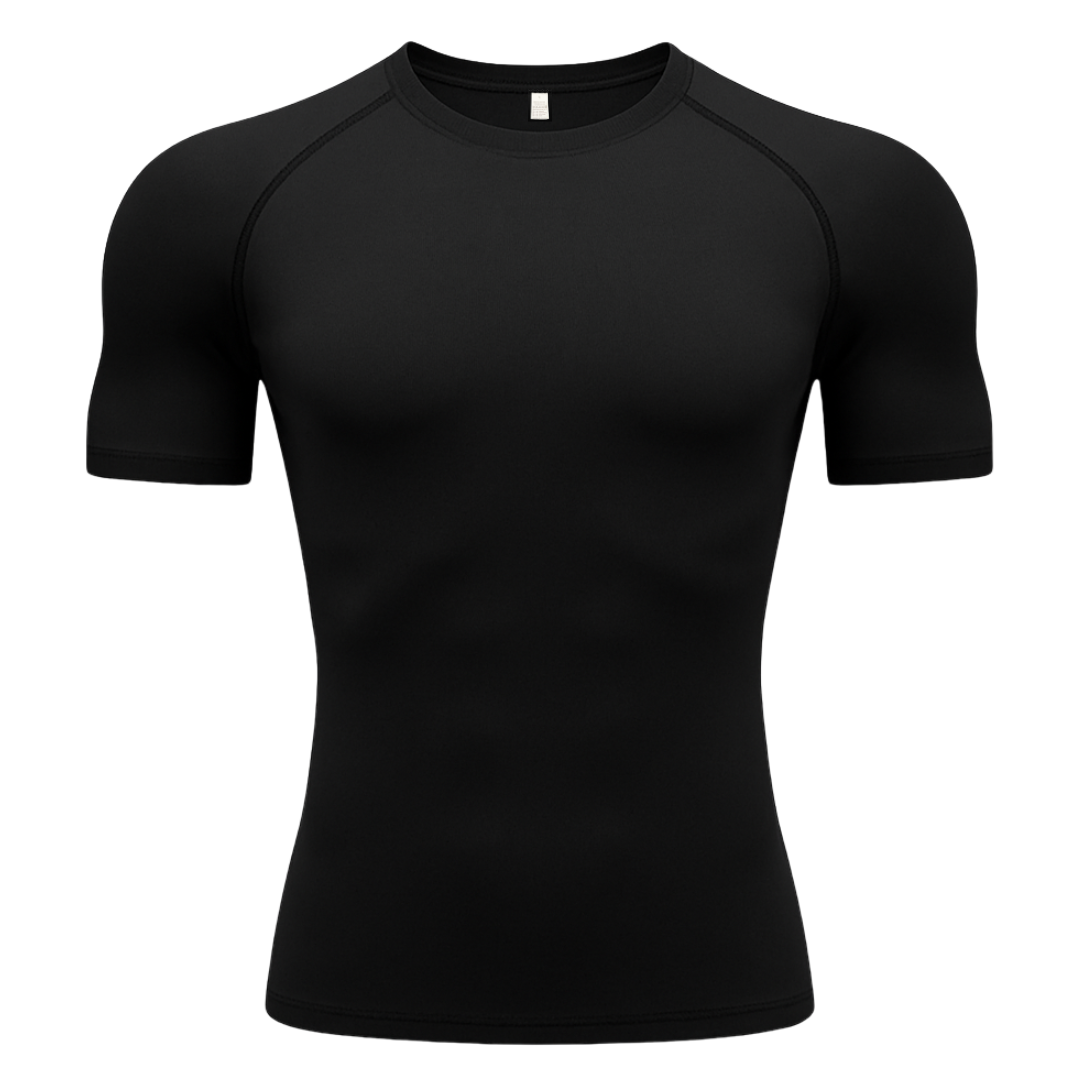 A plain black, short-sleeved athletic shirt with a round neckline.