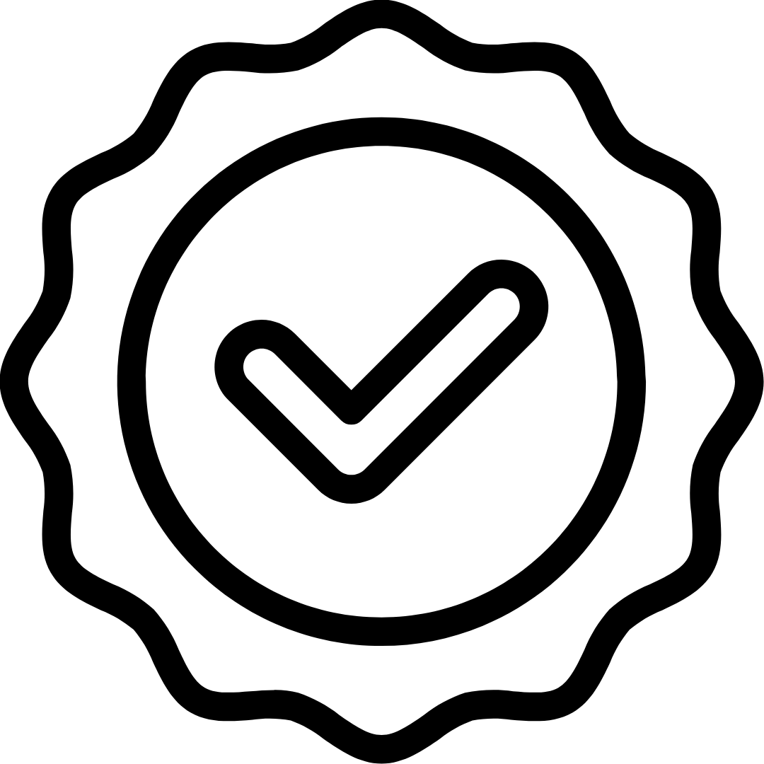 Black outline of a starburst shape with a check mark inside a circle.