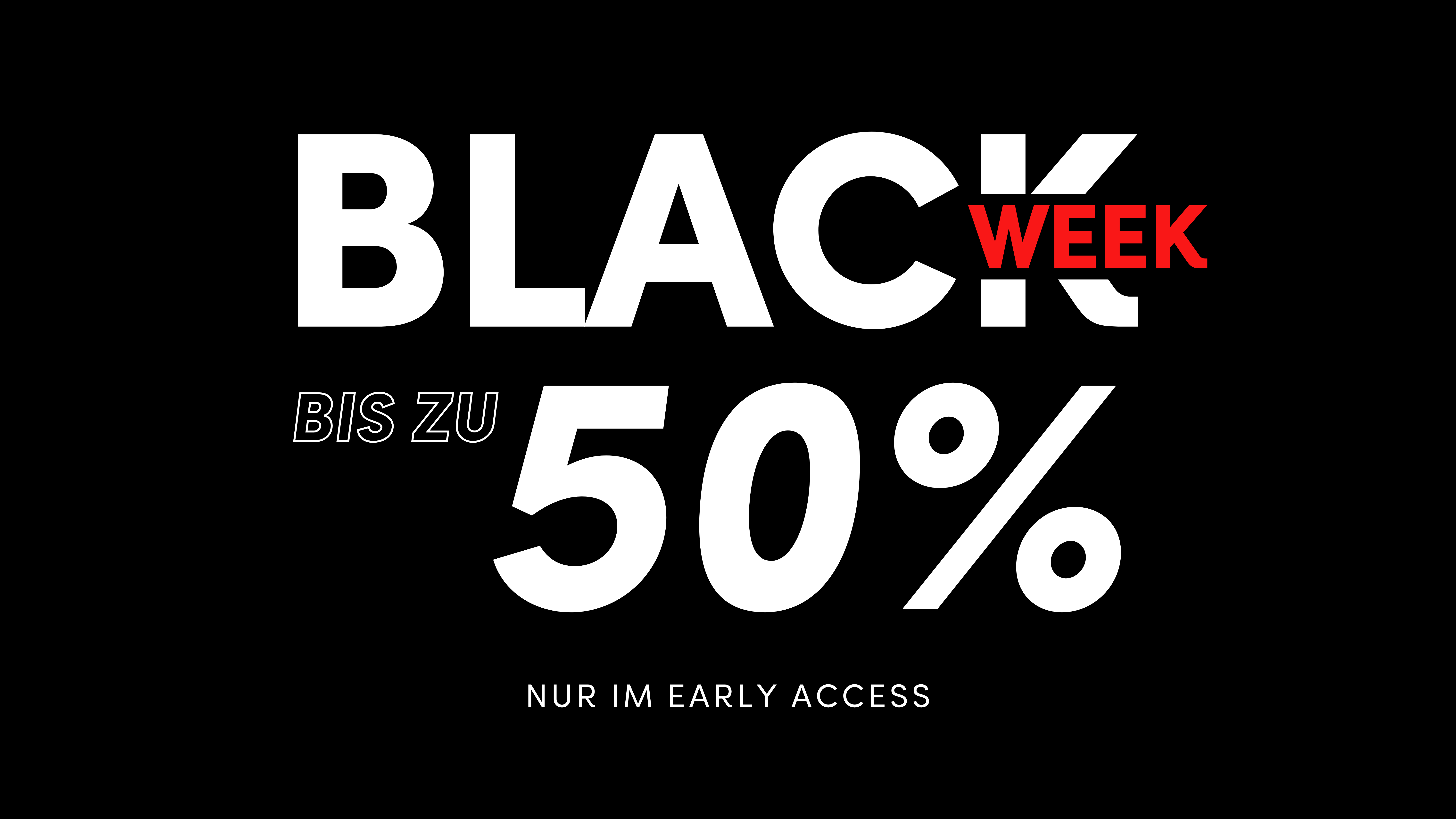Black Week sale up to 50% off in bold text.