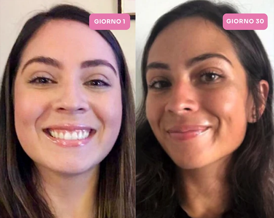 A side-by-side comparison of a woman's face, showing her skin getting progressively tanner from day 1 to day 30.