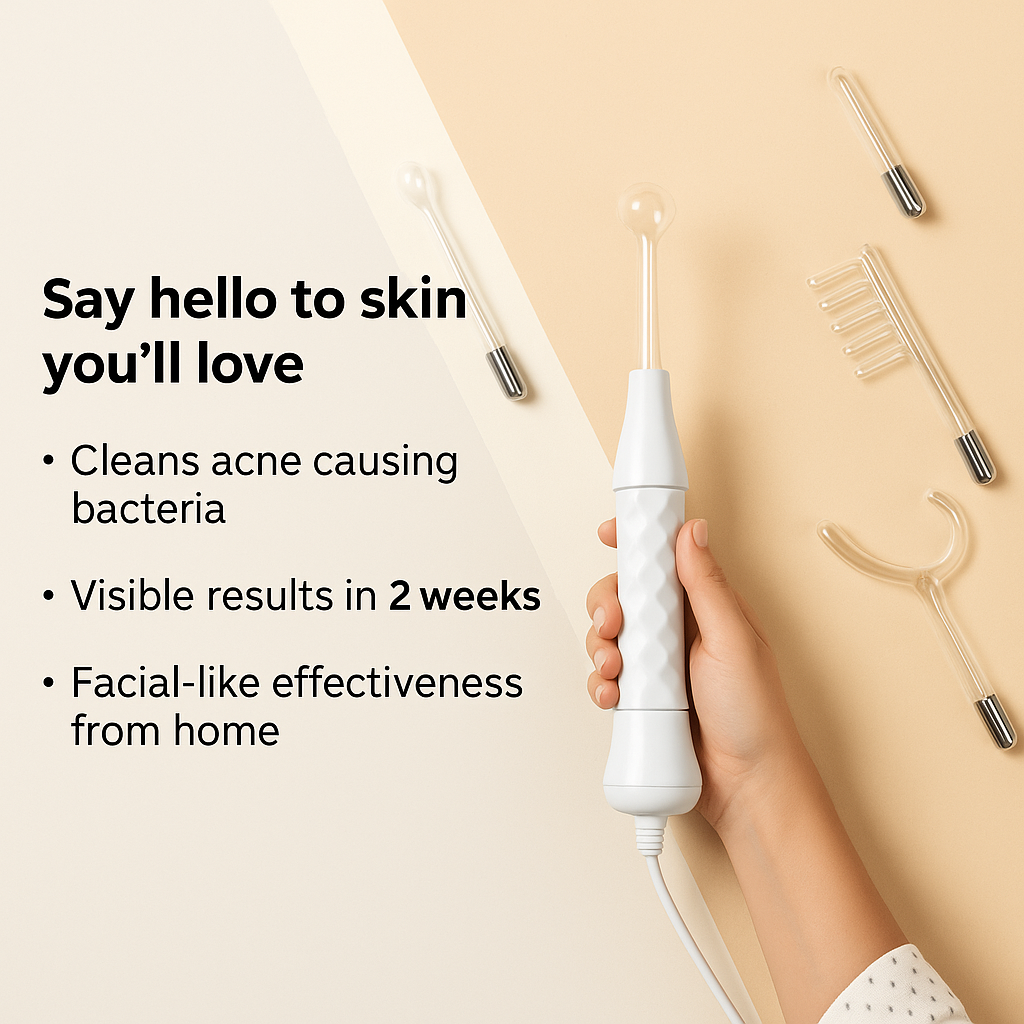 Hand holding a skincare device with various attachments on a beige background.