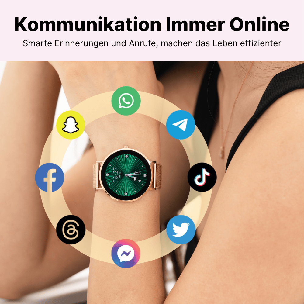 Smartwatch on wrist with social media icons surrounding it.