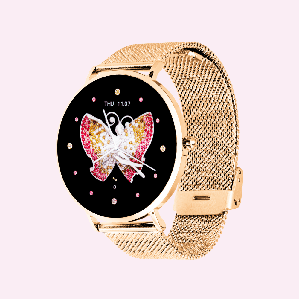 Gold smartwatch with butterfly design on the face, displaying time and date.