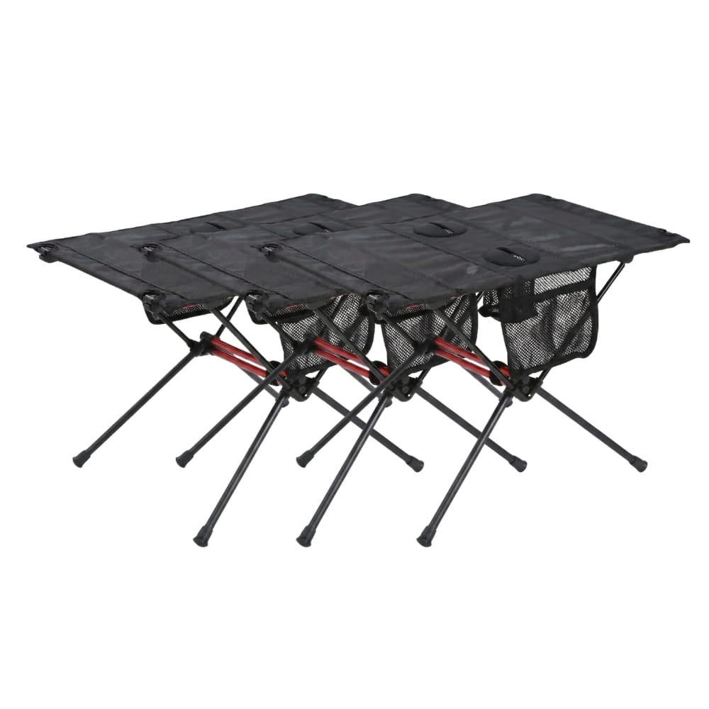 Two black, foldable outdoor tables with mesh pockets set against a white background.