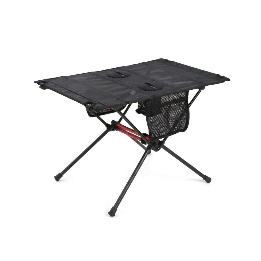A small, black, portable camping table with a mesh top and side pouch on a white background.