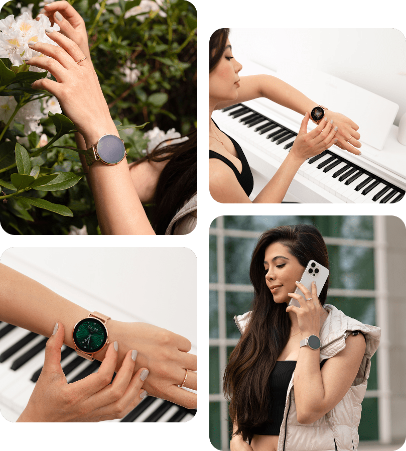 Collage of a woman with a smartwatch, flowers, and a smartphone.