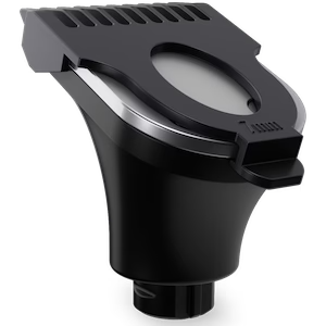 Black plastic attachment with a circular opening and ridged top.