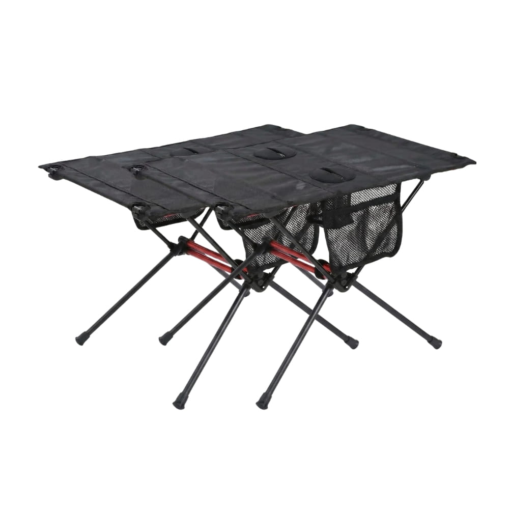 Two black, collapsible camping tables with mesh storage pockets against a plain white background.