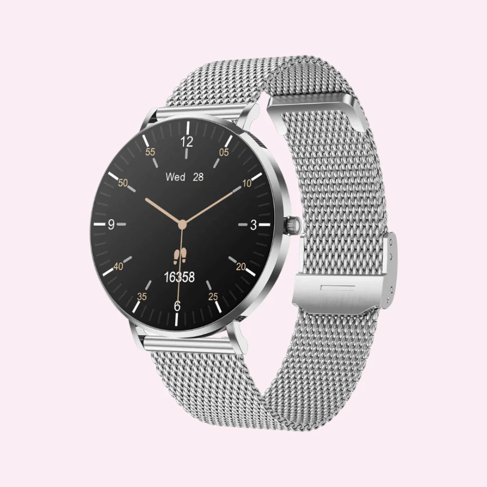 Silver smartwatch with a mesh band and black round face displaying time and date.