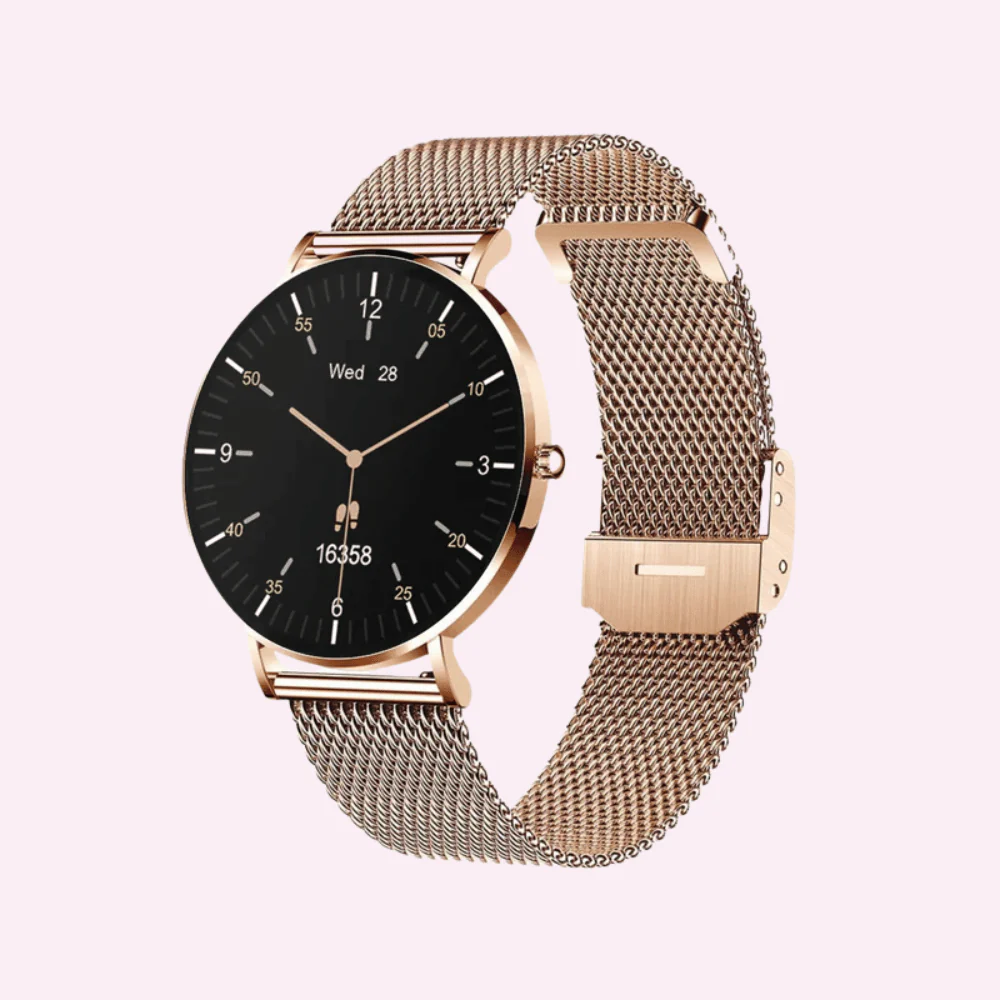 Gold smartwatch with a mesh band and black round face displaying time and date.