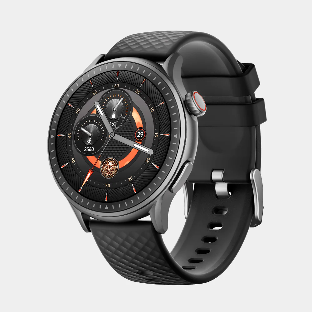 Black smartwatch with a round face displaying multiple dials and a black strap.