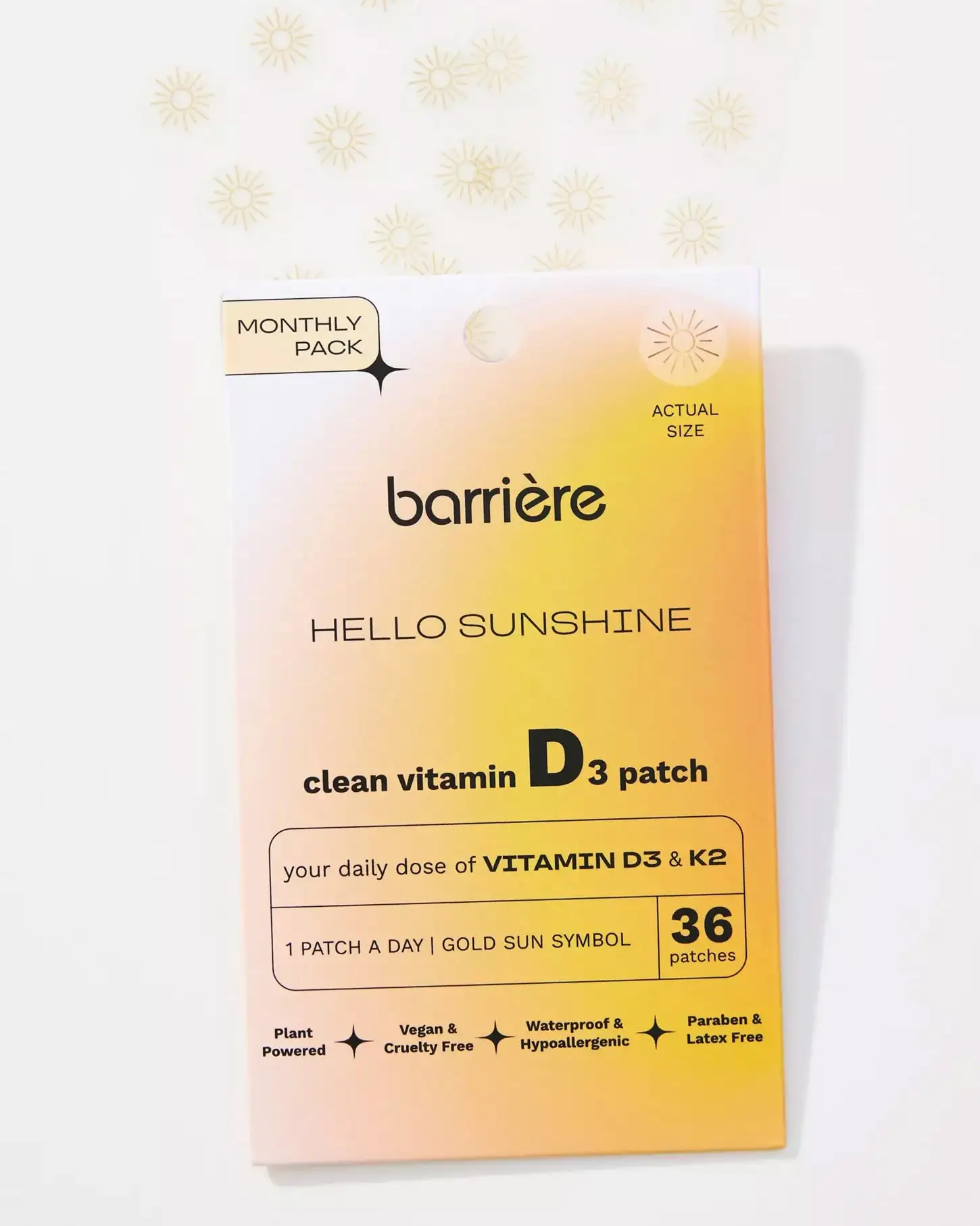 A monthly pack of Barrière Hello Sunshine clean vitamin D3 patches on a white, patterned background.