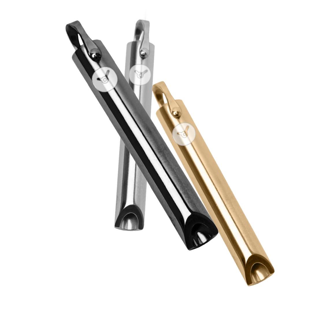 Three long, metallic objects in black, silver, and gold finishes, angled against a white background.