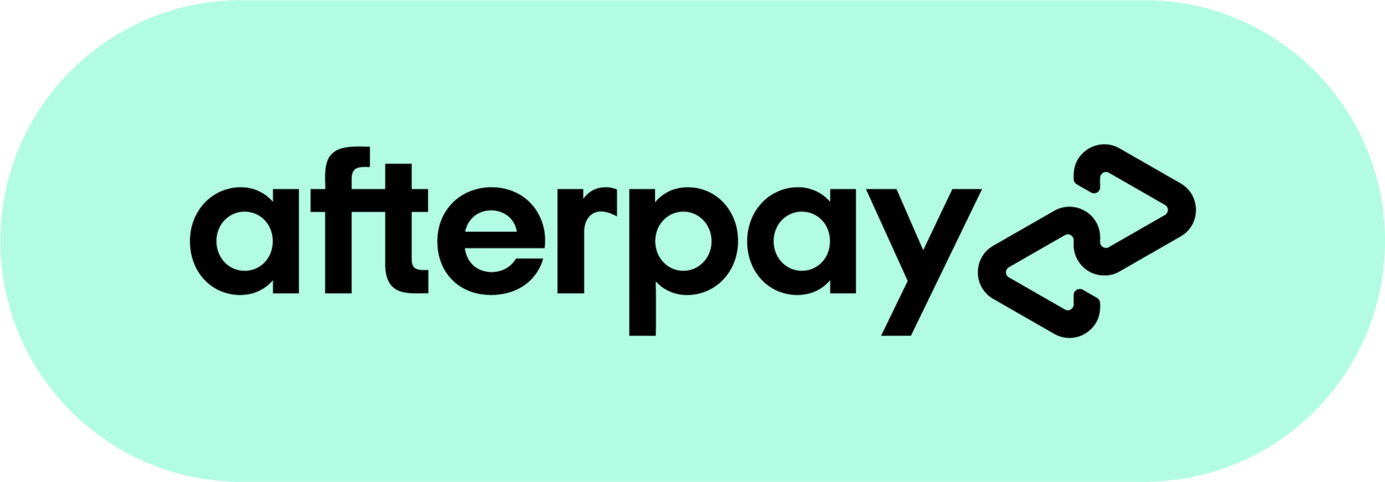 The Afterpay logo in black text with two arrows on a mint green background.