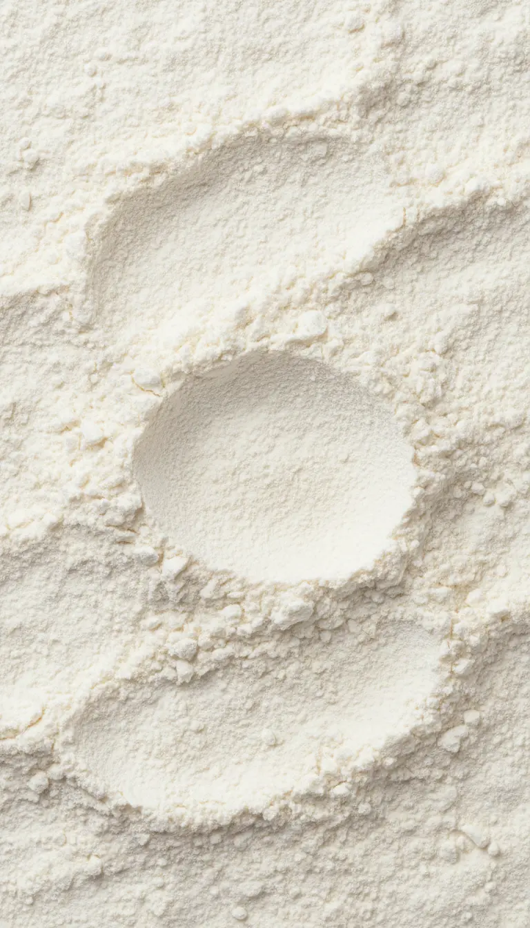 An overhead, close-up shot of fine white flour with a circular indentation in the center.