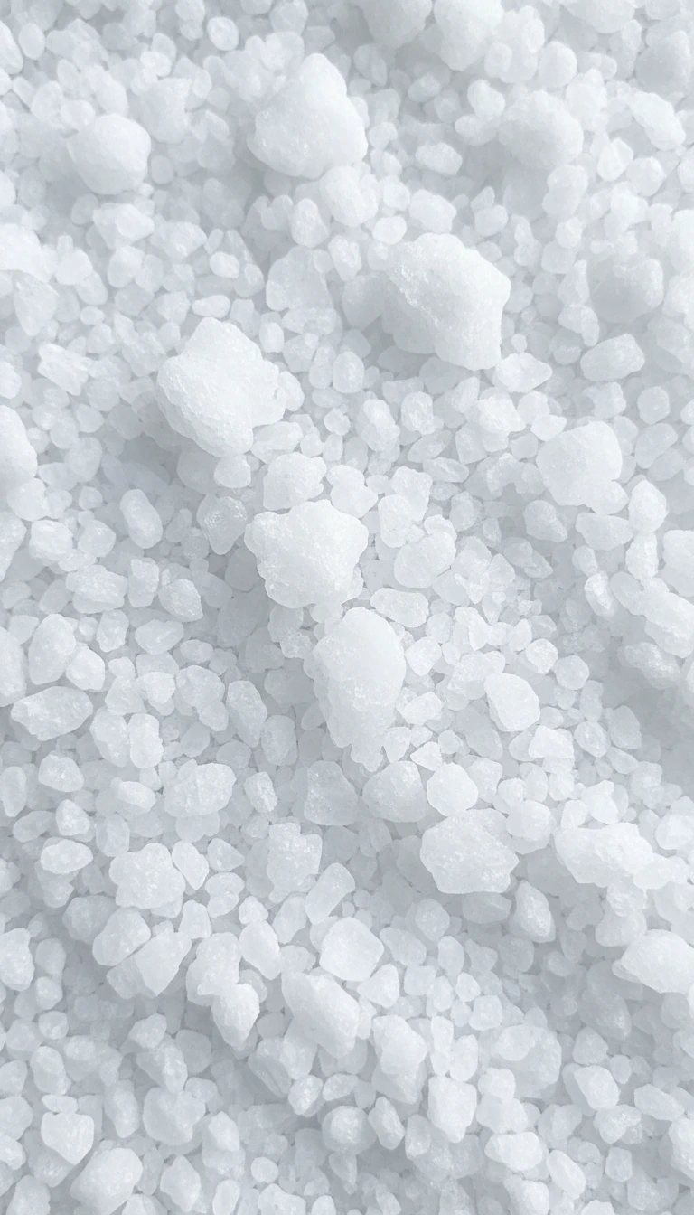 A close-up, top-down view of coarse, of sea salt.