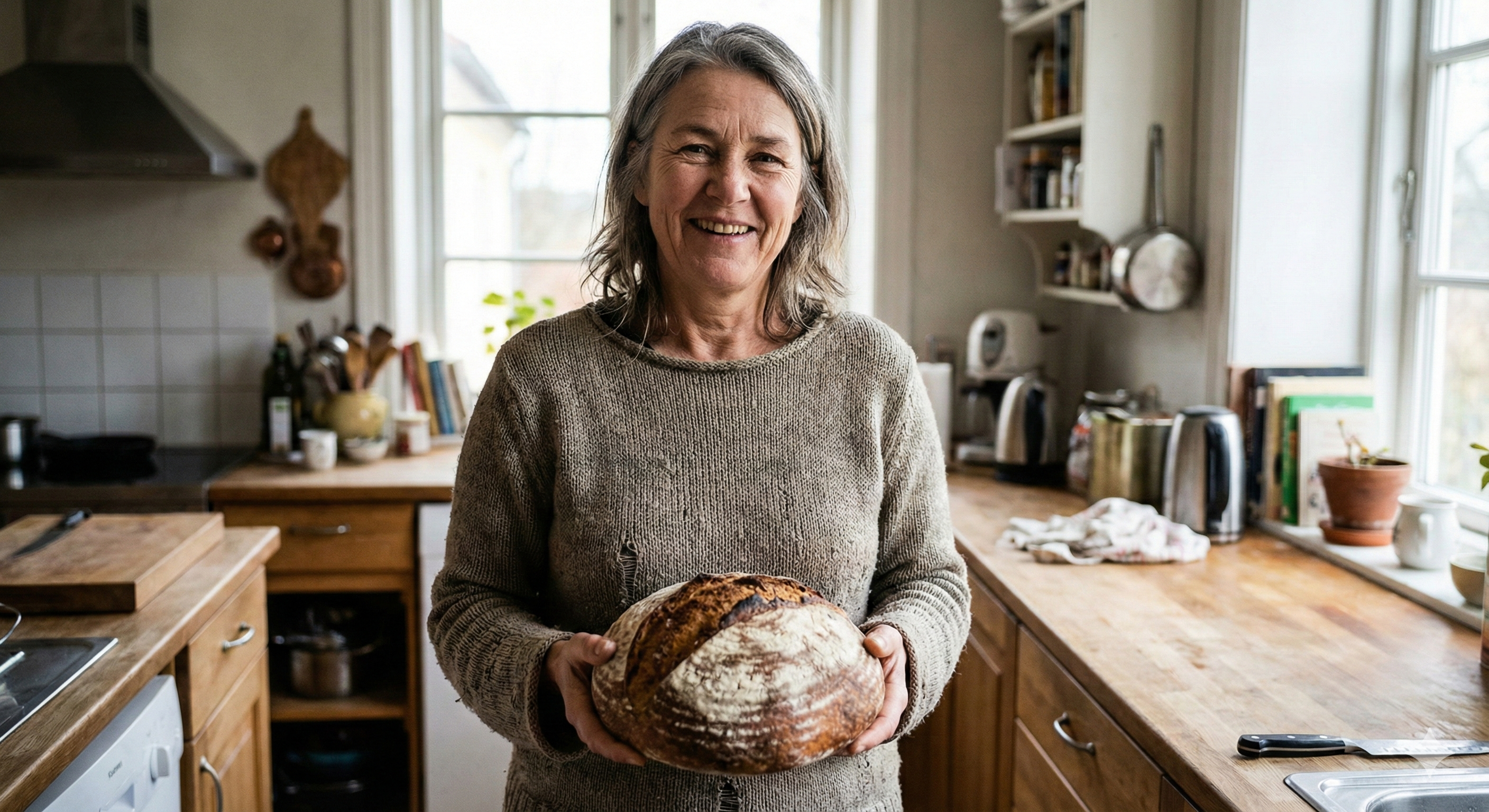 Smiling woman holding a round loaf of bread in a kitchen.