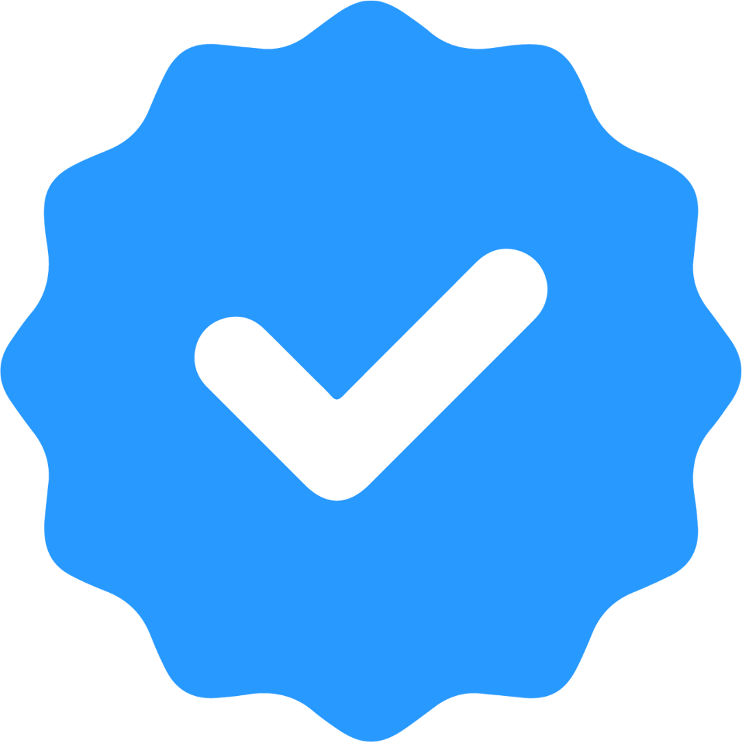 A blue badge with a white checkmark.