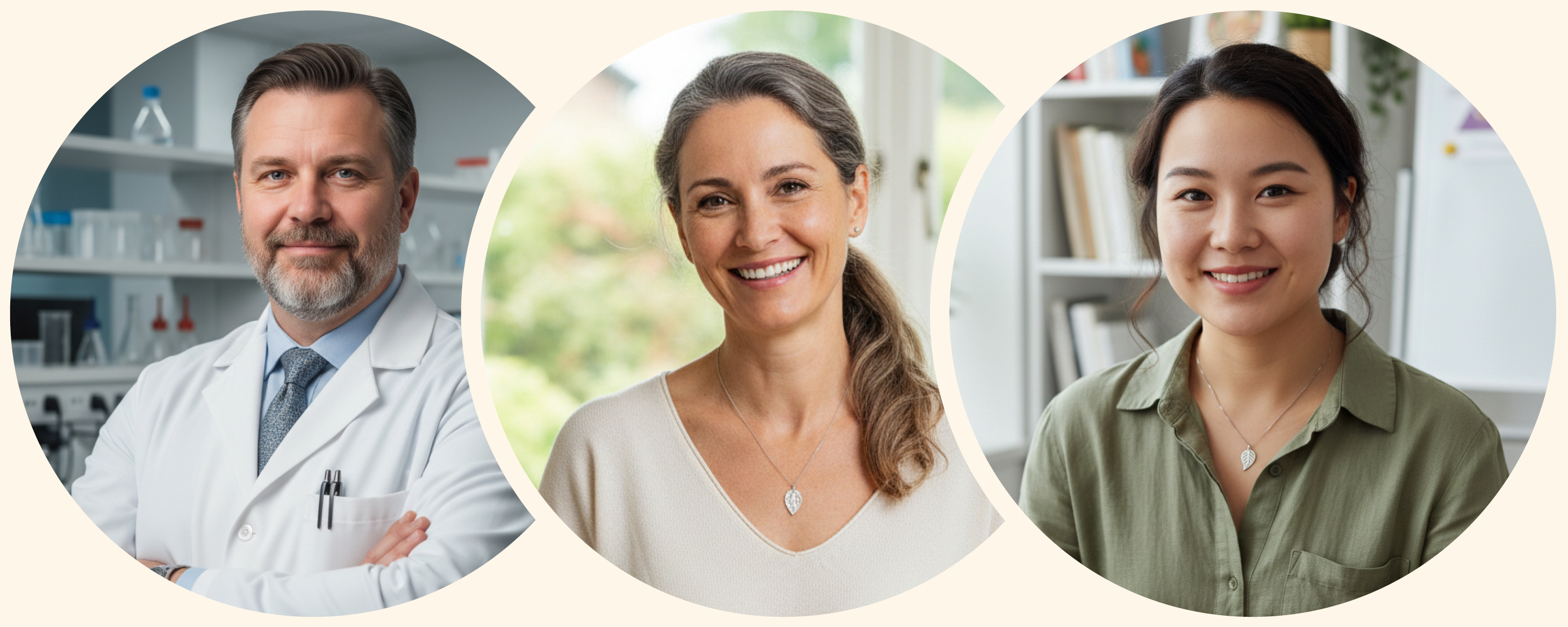 A collage of three smiling people in circular frames: a man in a lab coat and two women.