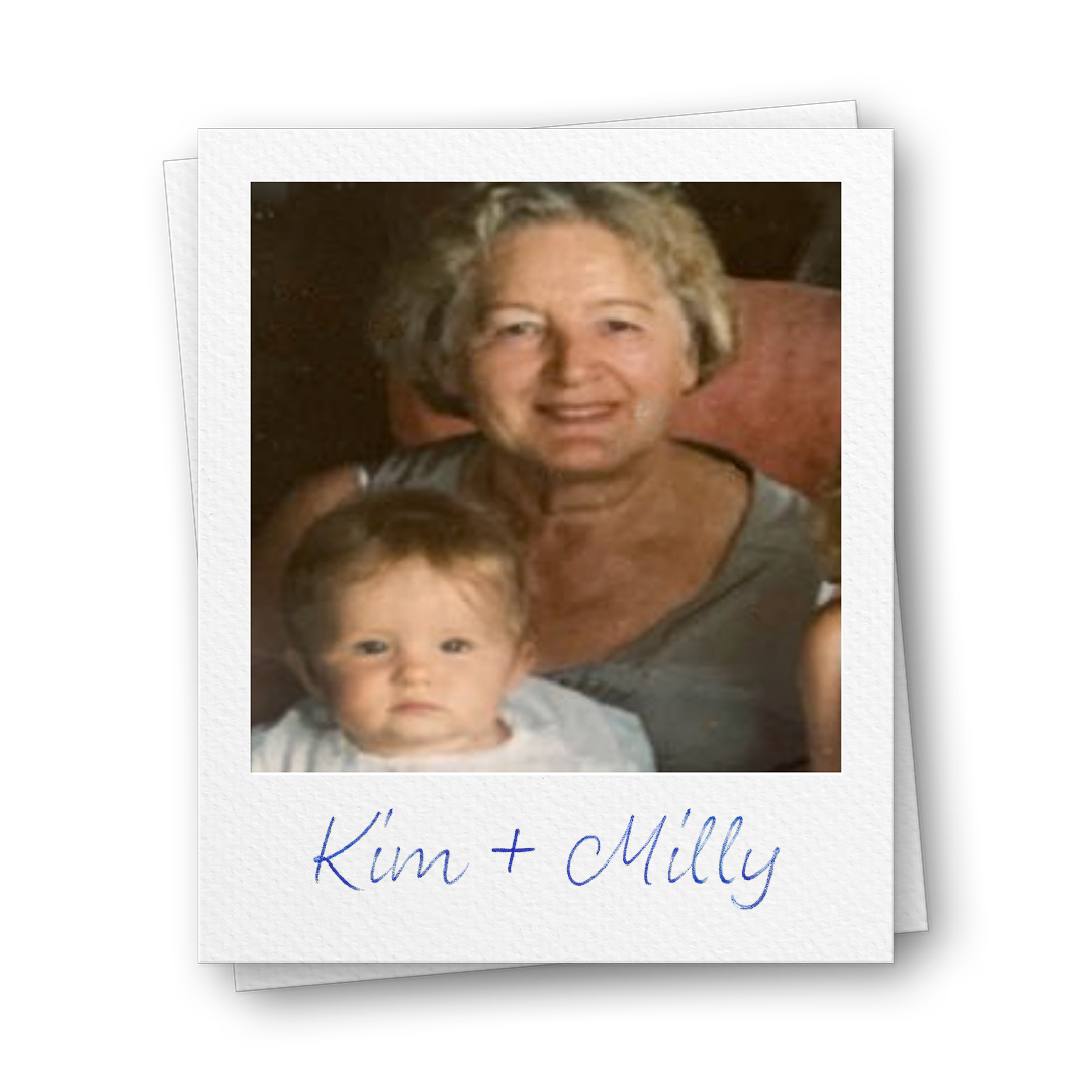 A Polaroid-style photo of an older woman and a baby, with 'Kim + Milly' written underneath.