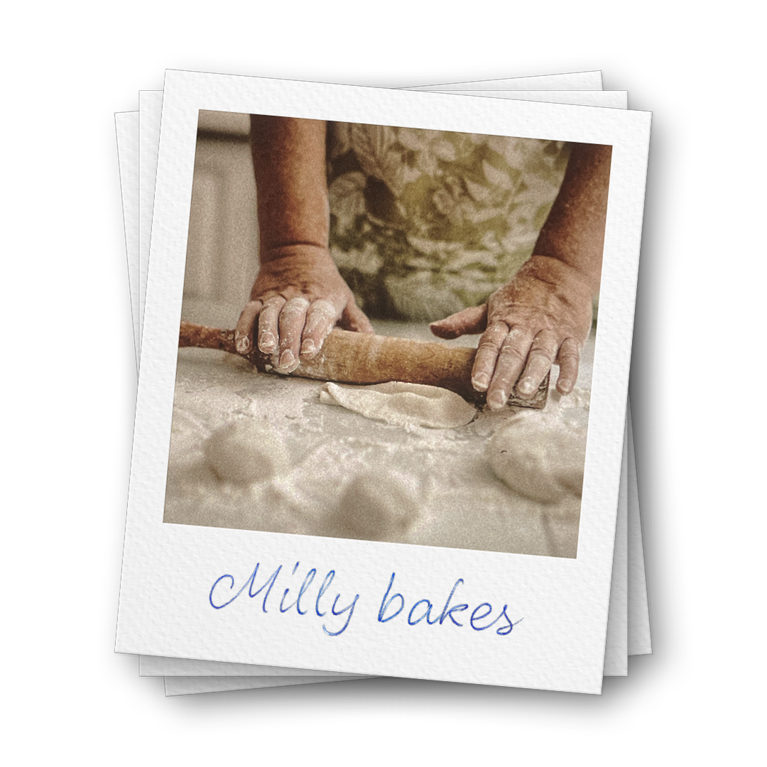 A Polaroid-style photo of hands using a rolling pin on dough, with the caption 'Milly bakes'.