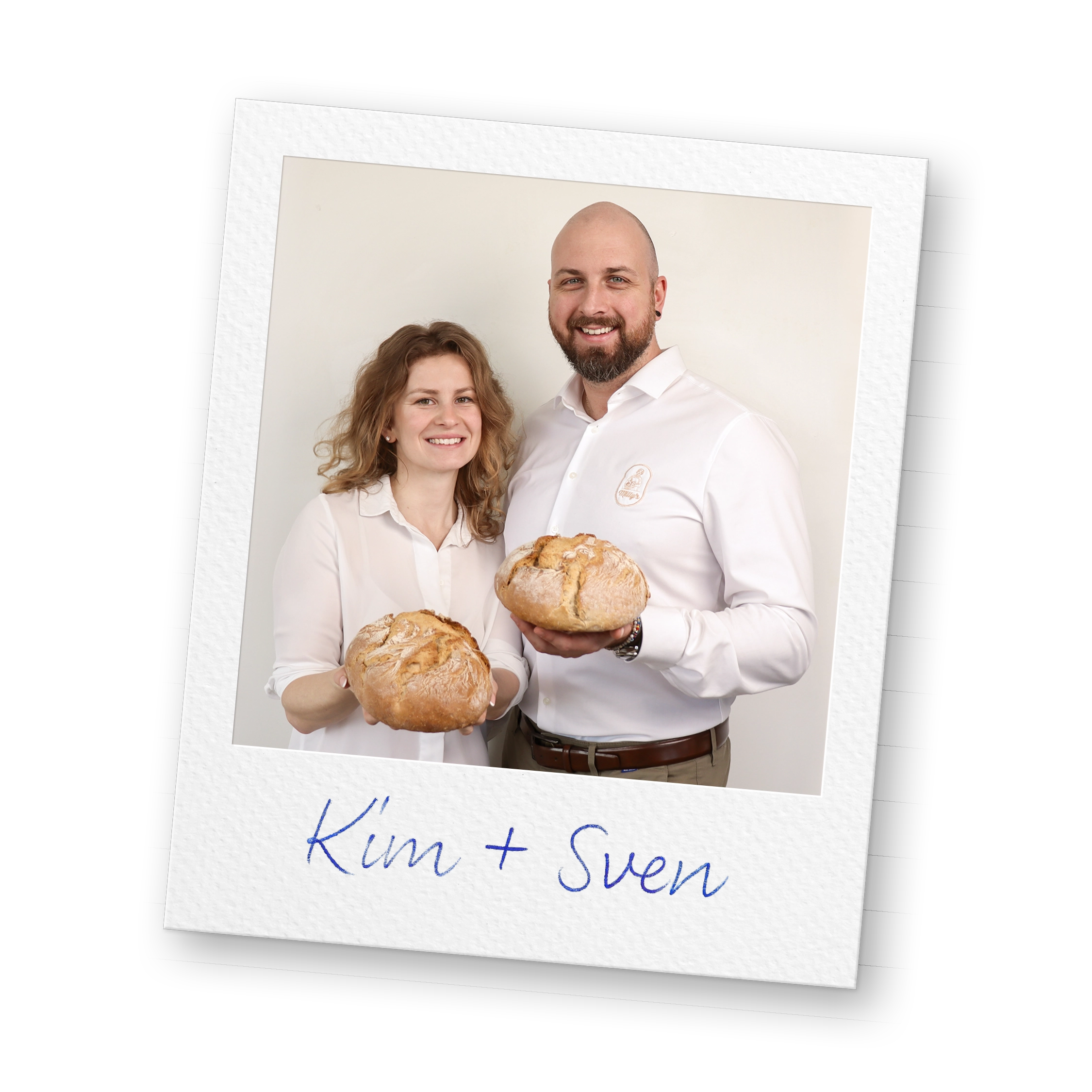 A Polaroid-style photo of a smiling man and woman, Kim and Sven, each holding a loaf of bread.