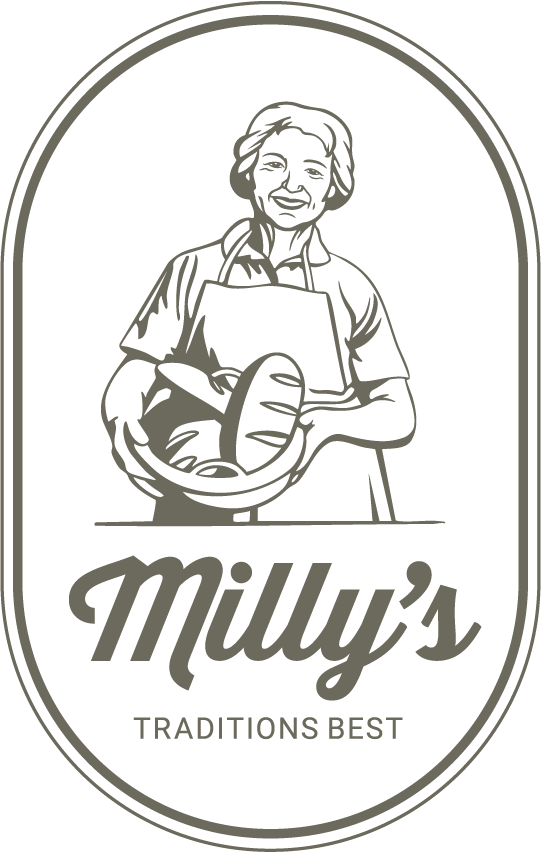 Logo for Milly's Traditions Best, featuring a woman in an apron holding a basket of bread.
