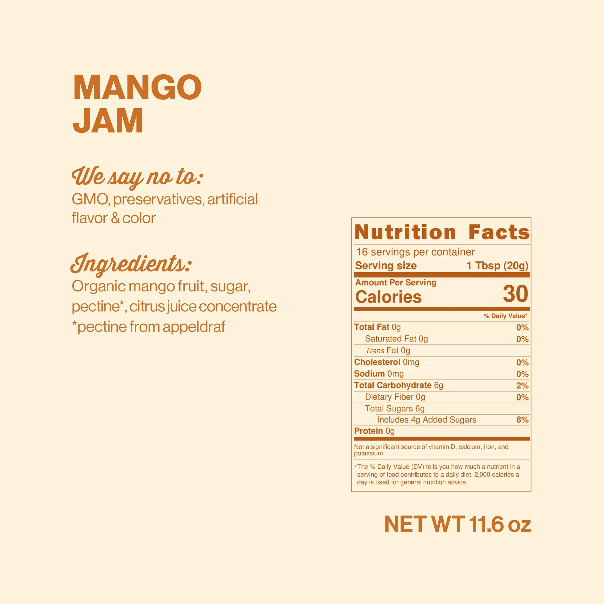 The back label of a Mango Jam product, showing the ingredients and the nutrition facts panel.