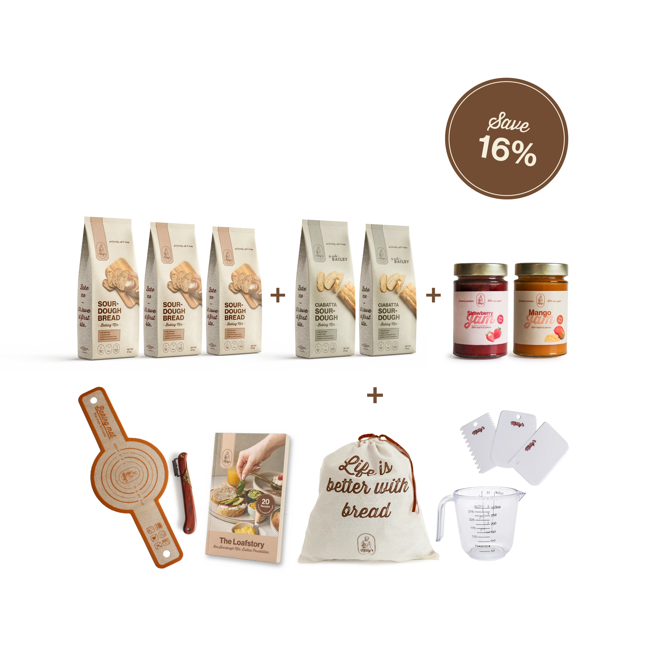 A bread-making kit with bread mixes, jams, a recipe book, and various baking tools.