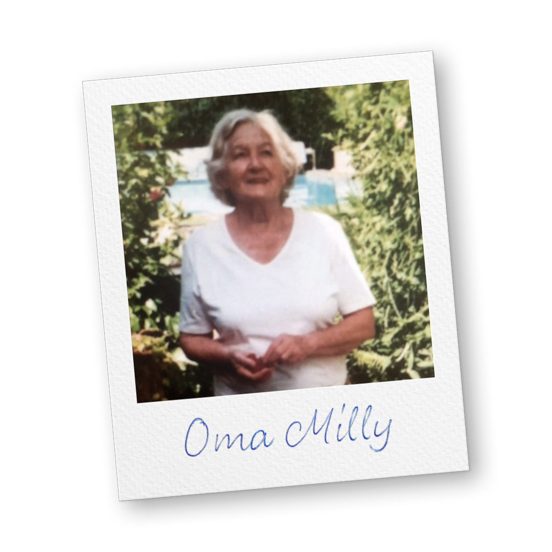 A Polaroid-style photo of an older woman in a garden, with the words 'Oma Milly' written below.
