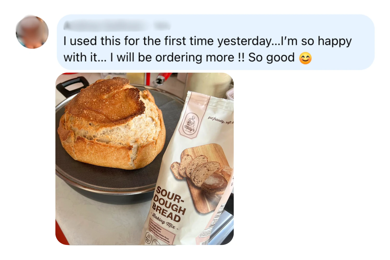 A customer review with a photo of a baked sourdough loaf next to its baking mix package.