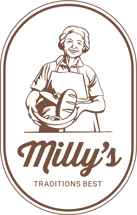 Logo for Milly's Traditions Best, featuring a line drawing of a woman holding a basket of bread.