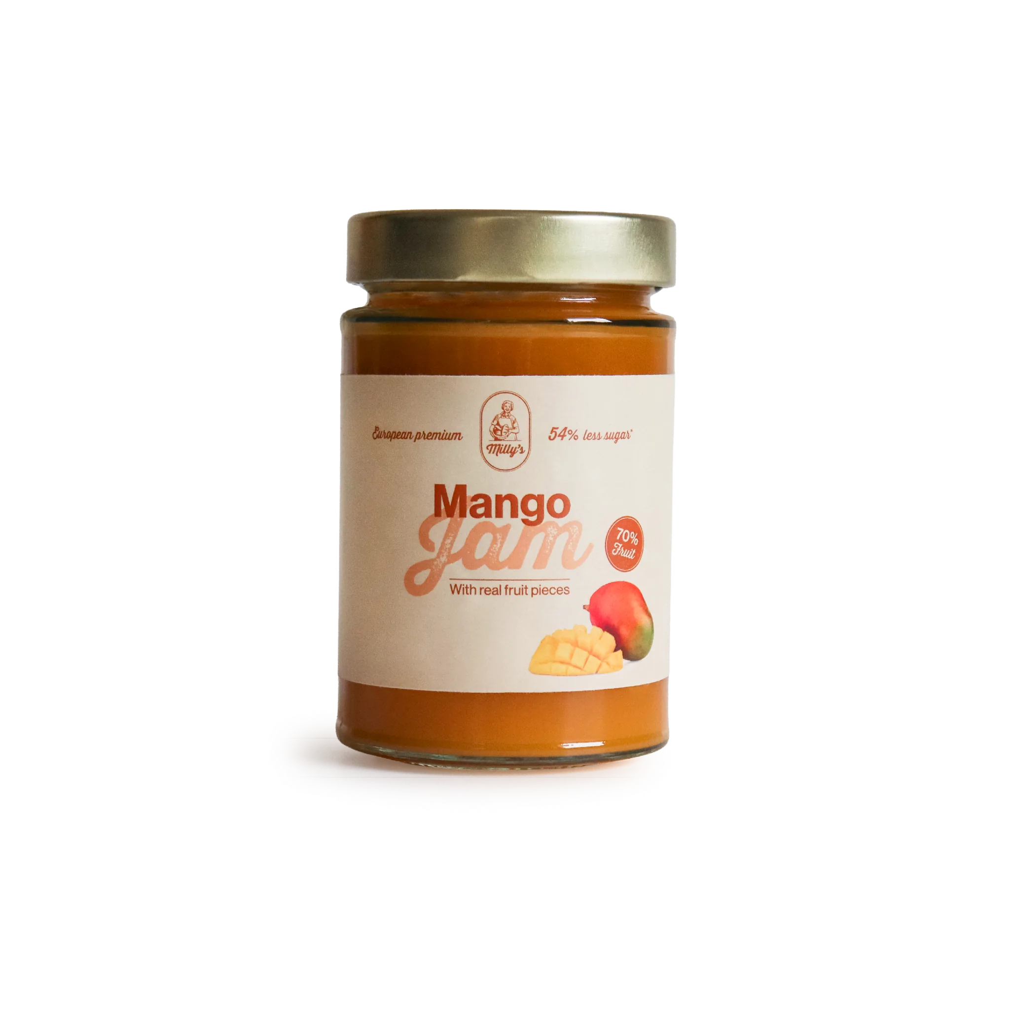 A jar of Milly's Mango Jam with a gold lid, set against a plain white background.