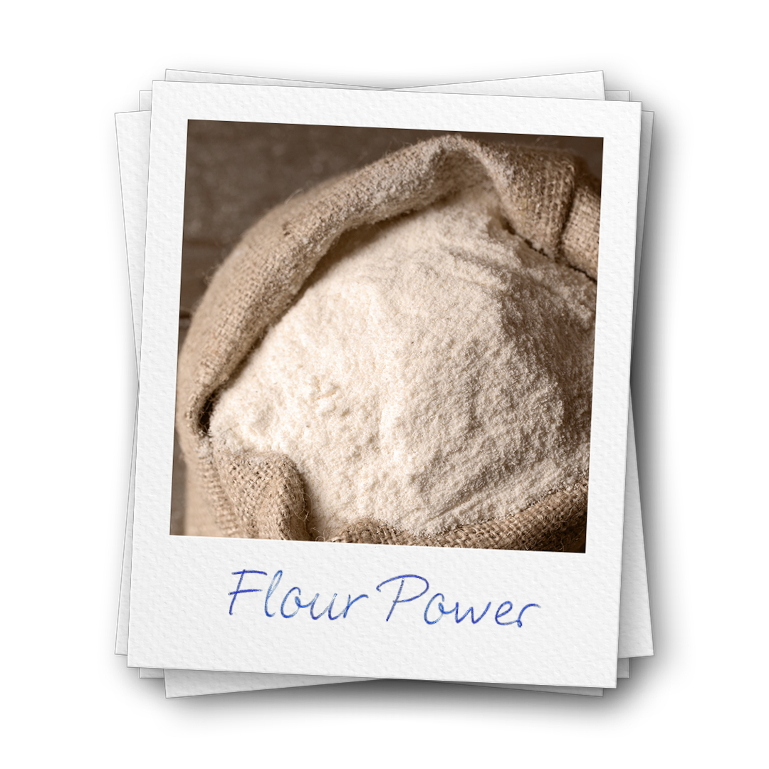 A Polaroid-style photo of a burlap sack of flour with the caption 'Flour Power' written underneath.