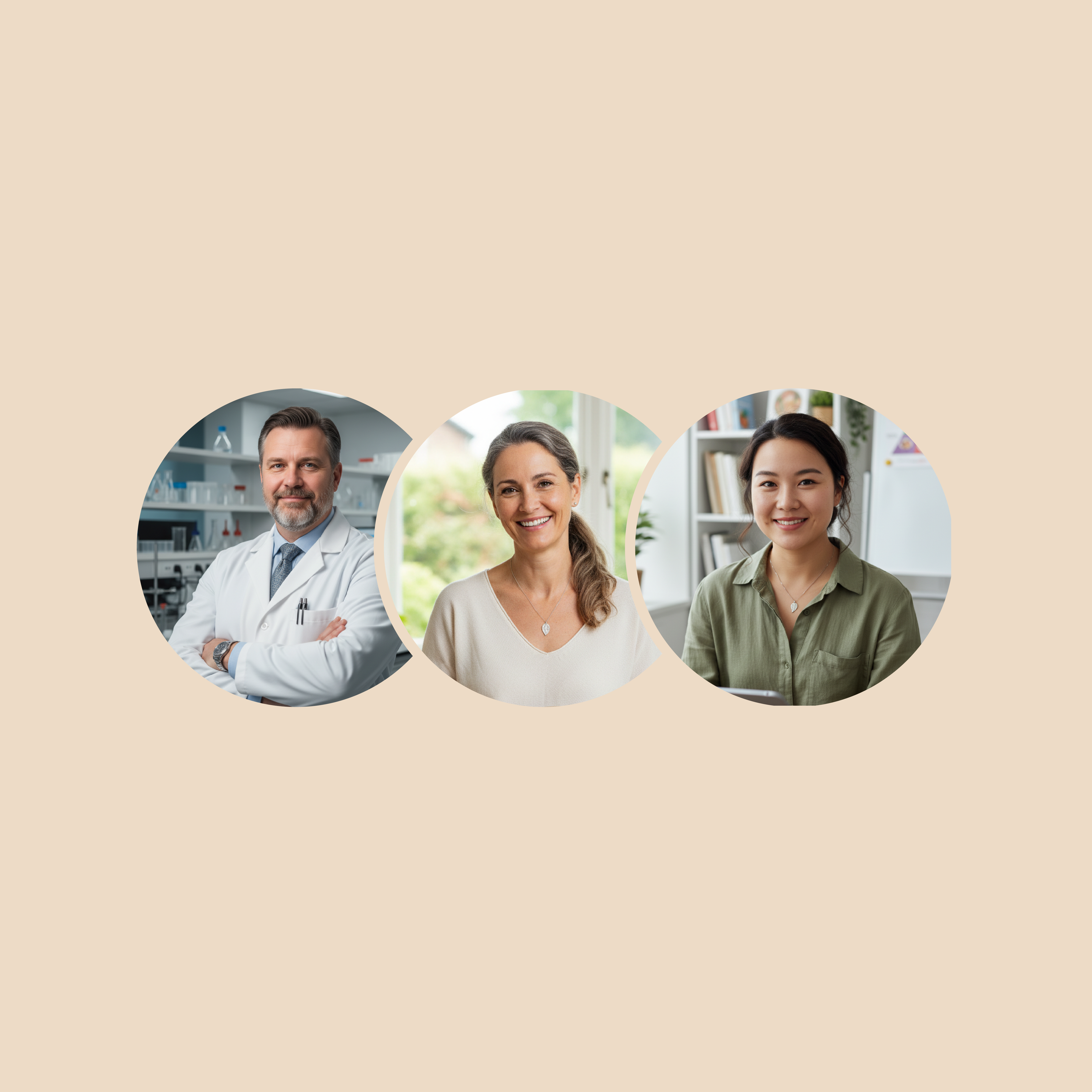 Three smiling headshots in circles: a male scientist, a middle-aged woman, and a young woman.