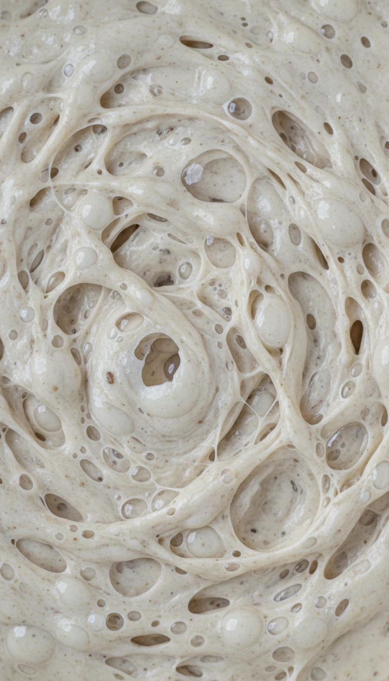 An extreme close-up, top-down view of active, bubbly sourdough starter showing its web-like gluten structure.