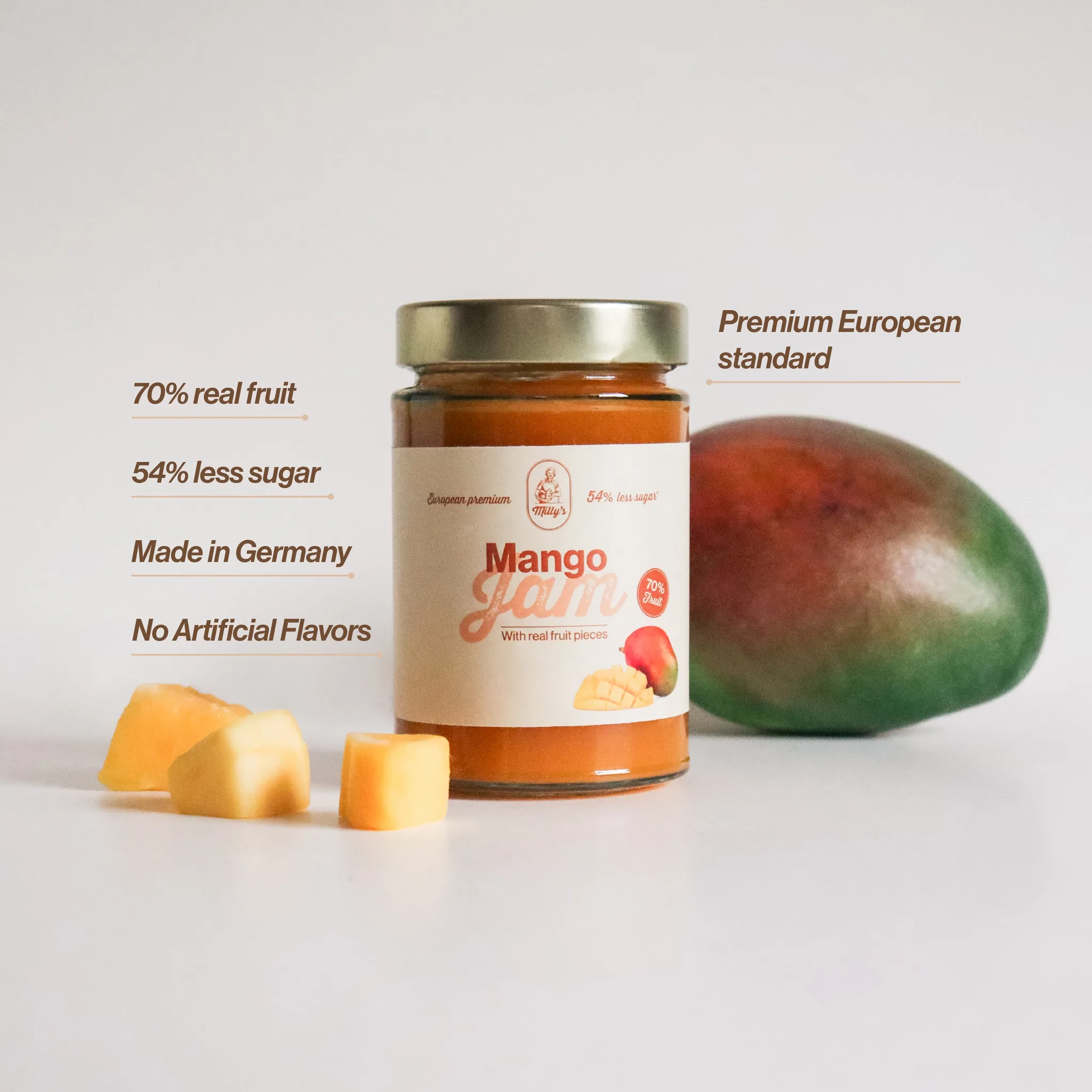 A jar of mango jam is displayed with a whole mango and several cut mango pieces.