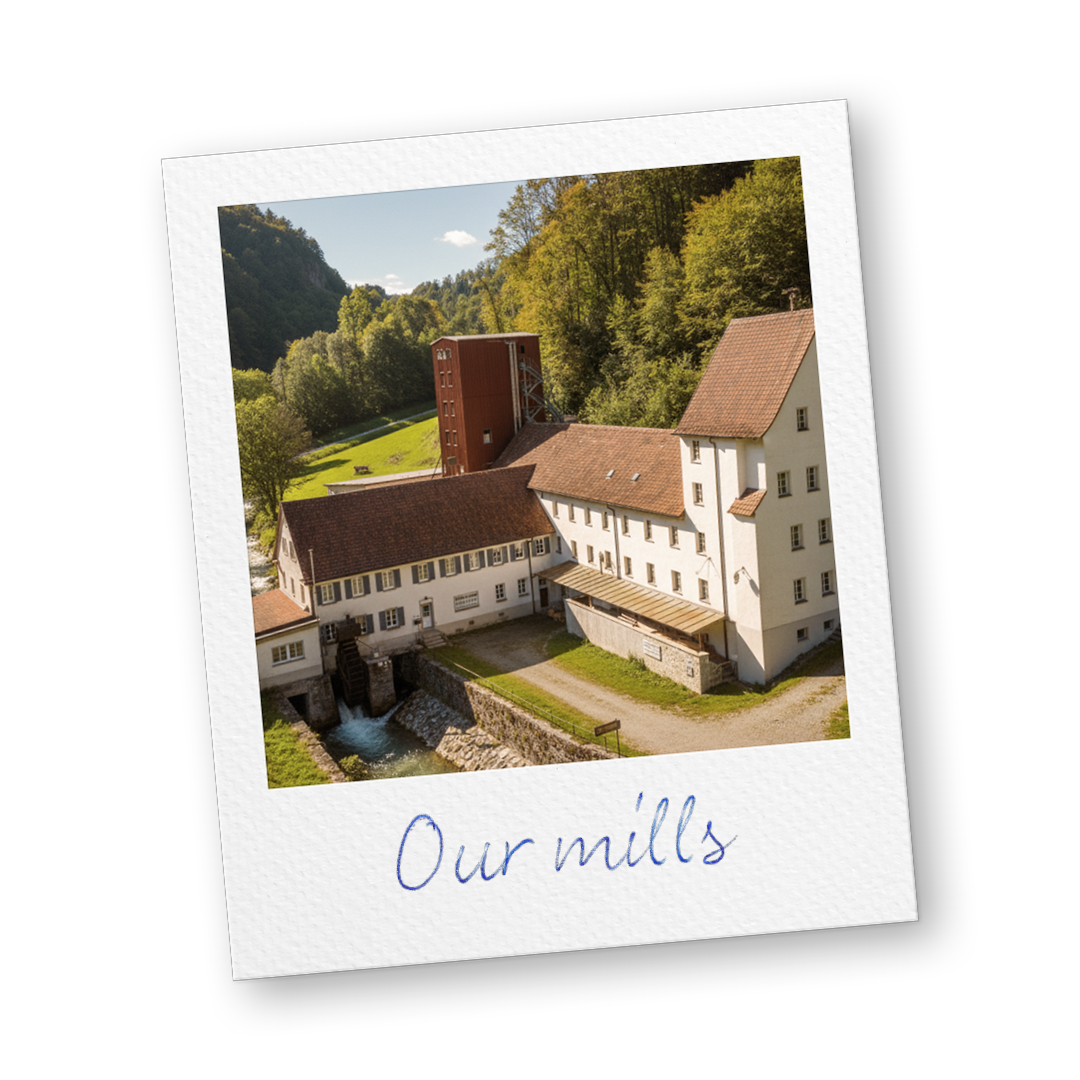 A Polaroid-style photo of a large mill with a waterwheel, with the text 'Our mills' below.
