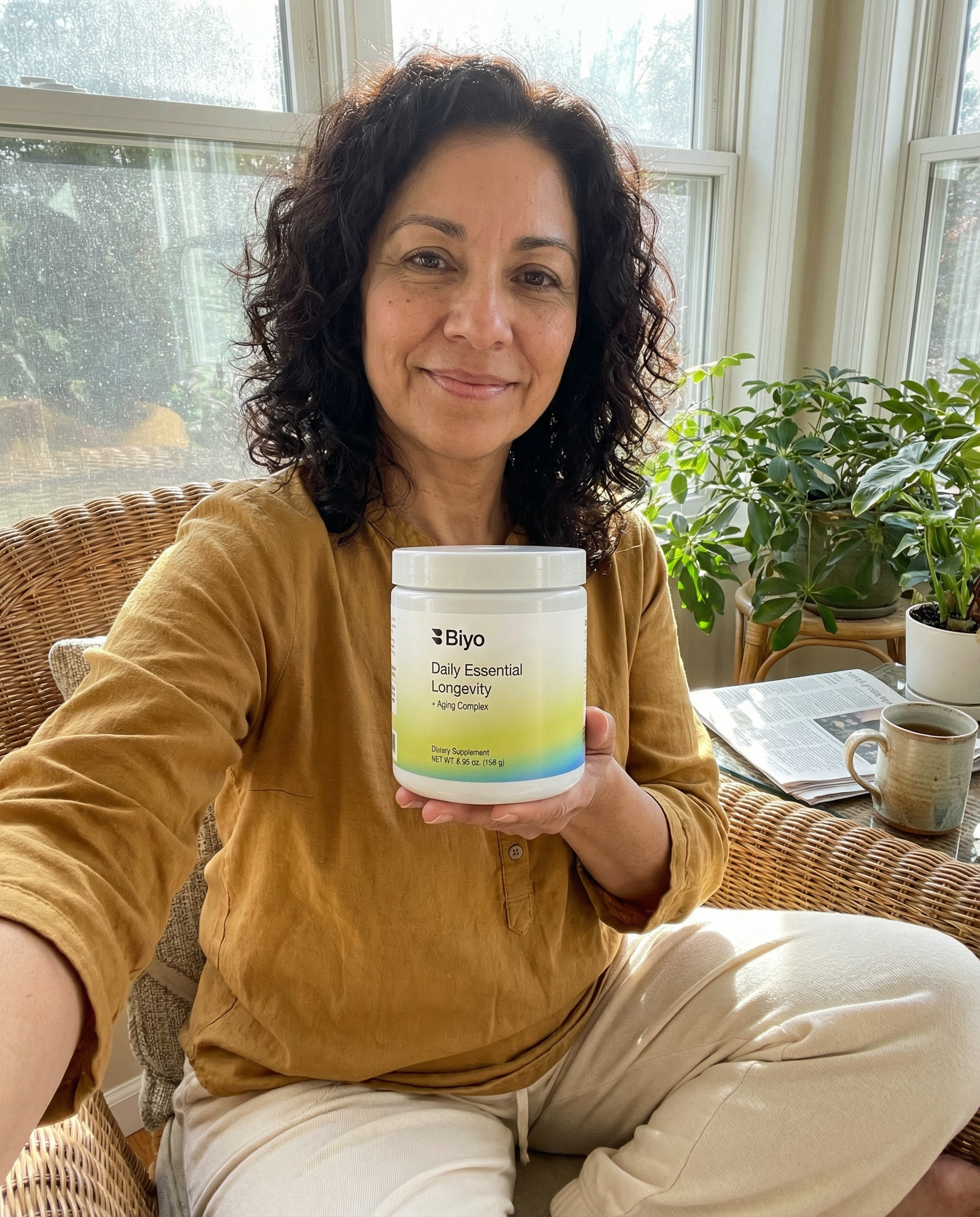 A smiling woman with curly hair holds up a white jar of Biyo Daily Essential Longevity supplement.