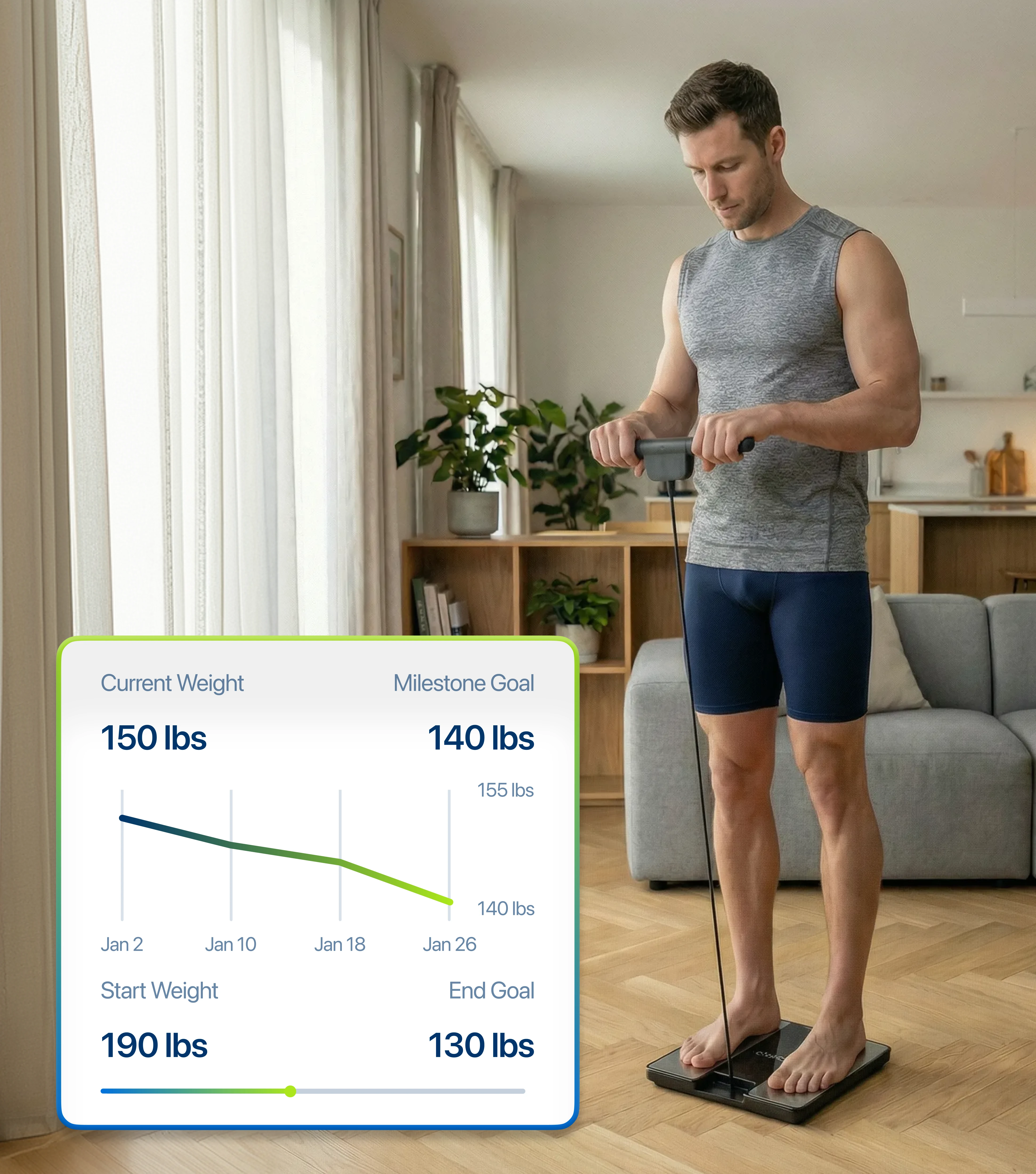 A man stands on a smart scale, with a weight-loss progress chart displayed in the foreground.
