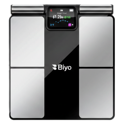 A black Biyo smart scale with a digital display showing weight and a graph.