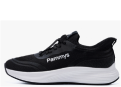 Black athletic shoe with white sole and laces, side view.