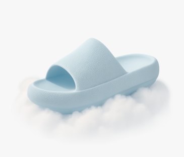 Light blue slide sandal resting on fluffy white clouds.