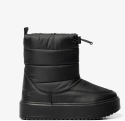 Black winter boot with a drawstring top and thick sole on a white background.