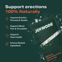 Promotional image for Joymode, highlighting erection support benefits and natural ingredients.