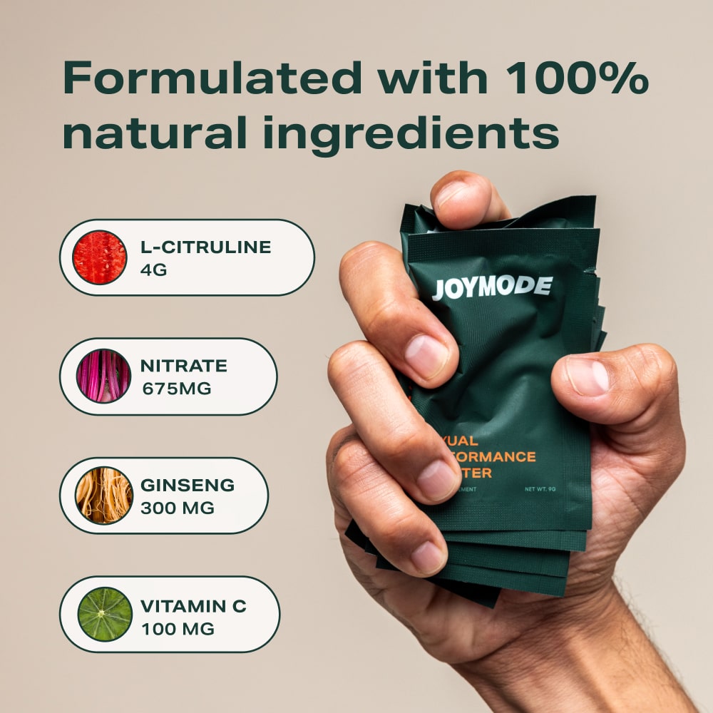 Hand holding Joymode packets, ingredients listed: L-citrulline, nitrate, ginseng, vitamin C.