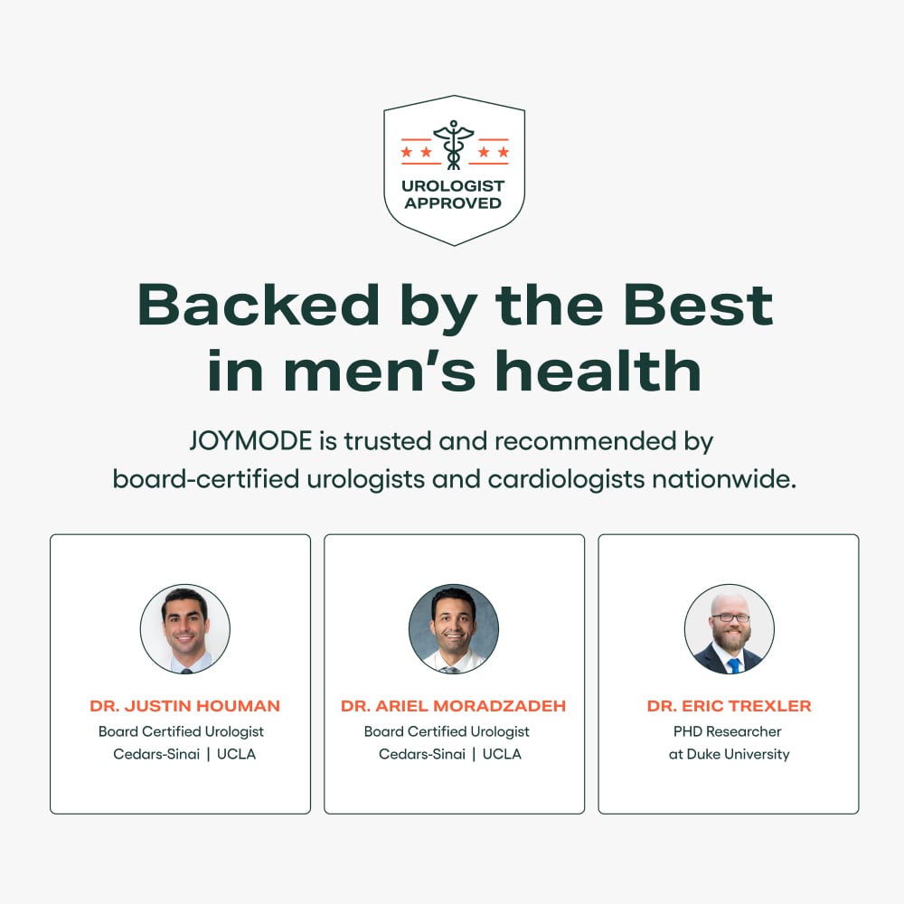 Text promoting urologist-approved men's health, featuring three doctors with credentials.